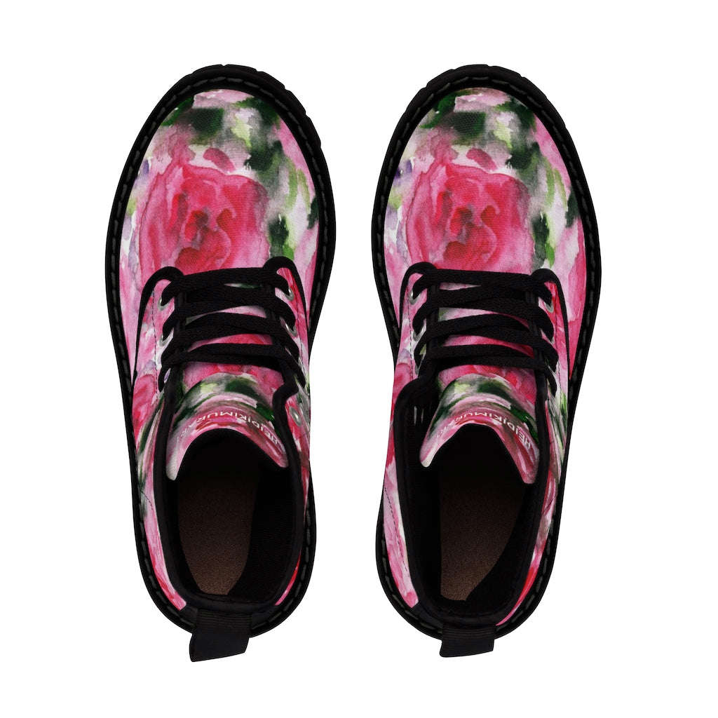 Abstract Pink Floral Women's Boots - Vintage Rose Print Designer Hiking Boots (US Size 6.5-11)