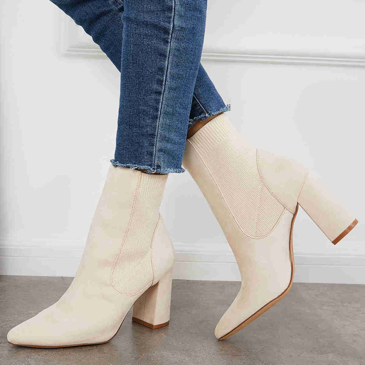 Chunky Block High Heel Ankle Boots - Western Suede Booties for Women