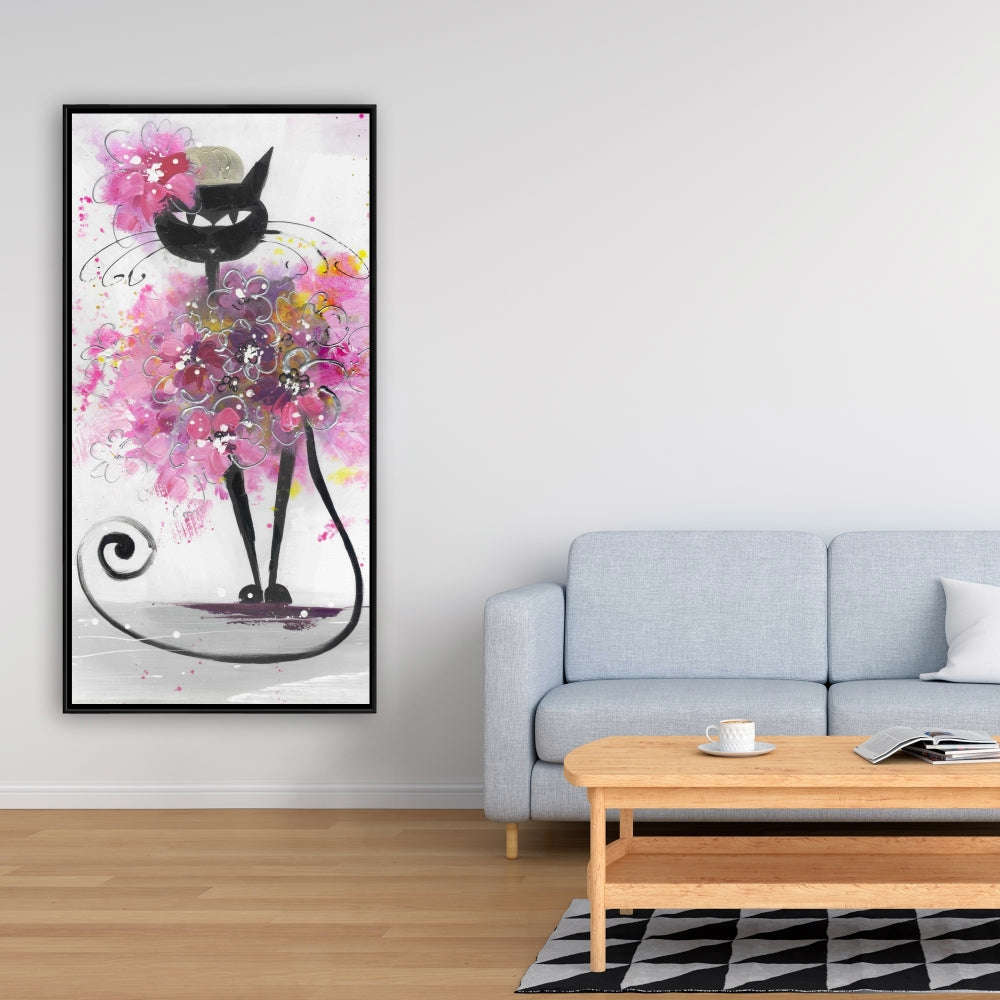 Cartoon Cat With Pink Flowers - Fine Art Gallery Wrapped Canvas 24x36