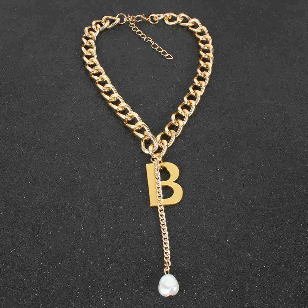 Gold Letter B Pendant Punk Choker Necklace for Women - Irregular Pearl Statement Jewelry