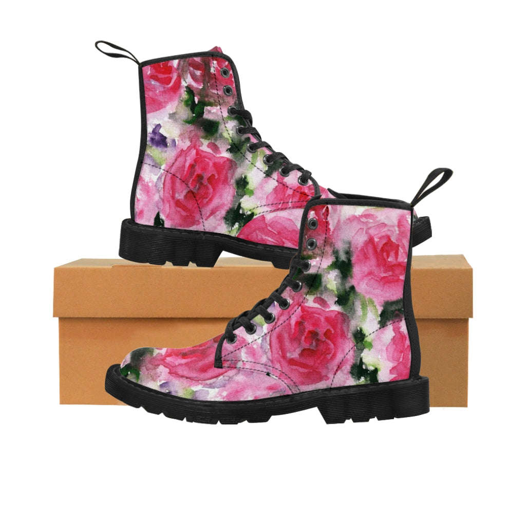 Abstract Pink Floral Women's Boots - Vintage Rose Print Designer Hiking Boots (US Size 6.5-11)