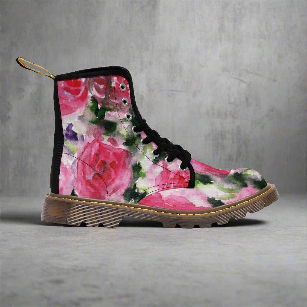 Abstract Pink Floral Women's Boots - Vintage Rose Print Designer Hiking Boots (US Size 6.5-11)