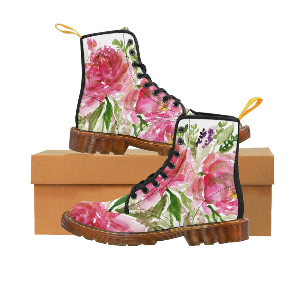 Rose Floral Print Women's Combat Boots - Watercolor Rose Flower Design