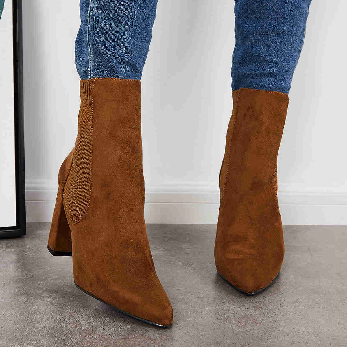 Chunky Block High Heel Ankle Boots - Western Suede Booties for Women