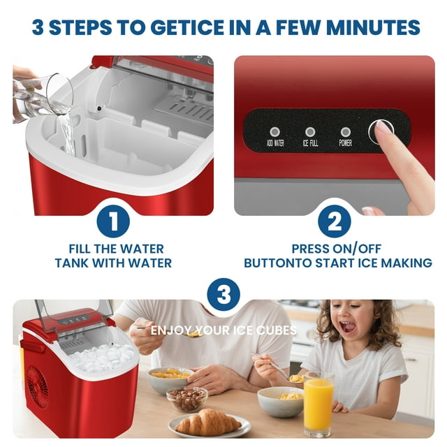 KISSAIR Portable Ice Maker Countertop, 9Pcs/8Mins, 26lbs/24H, Self-Cleaning Ice Machine with Handle for Kitchen/Office/Bar/Party, Red