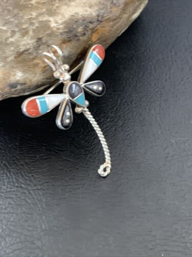 Handmade Zuni Turquoise MOP Inlay Dragonfly Sterling Silver Necklace Pendant