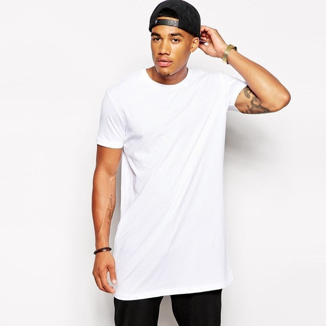 2021 Brand Men's Cotton Longline T-Shirt - Hip Hop Style White Tee for Men