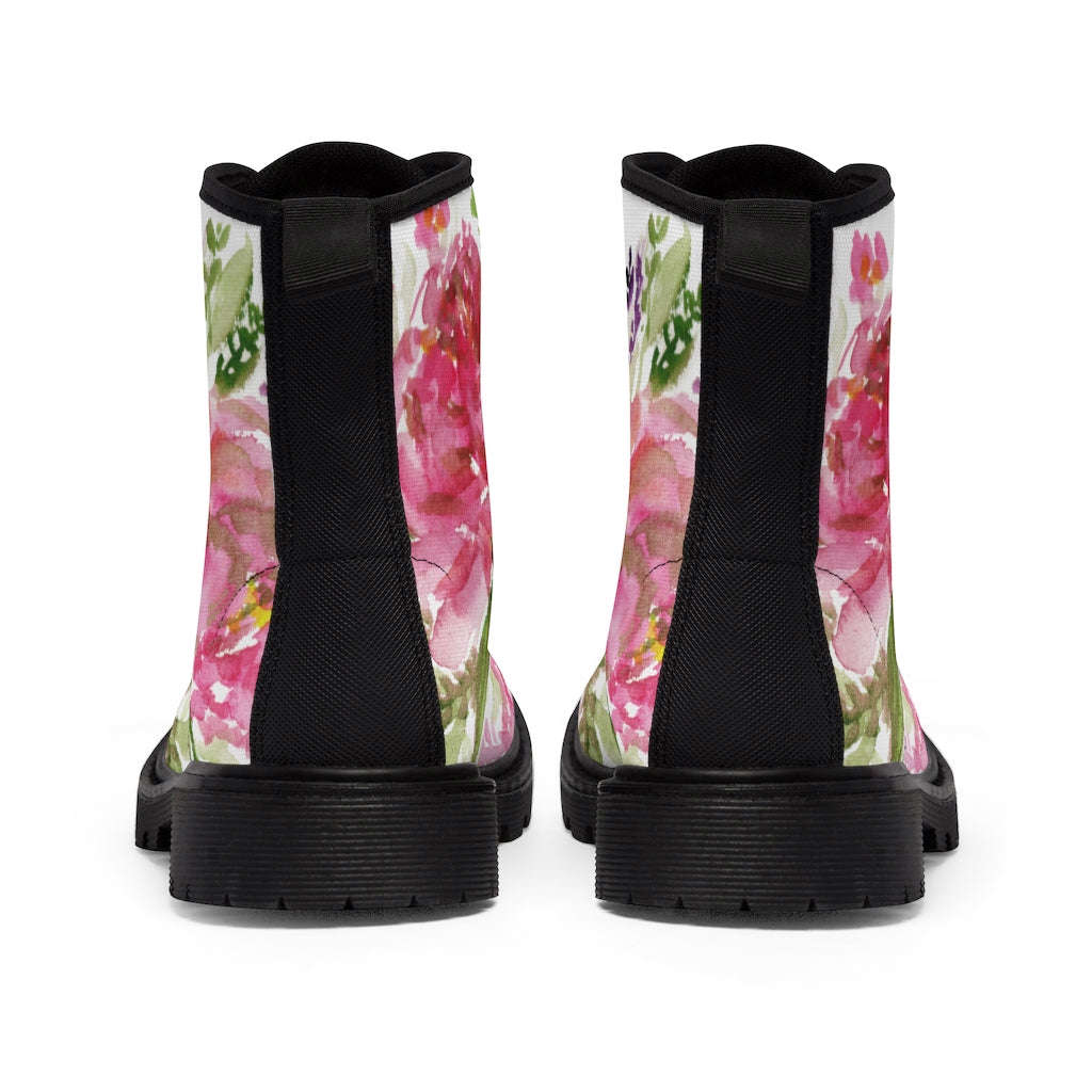 Rose Floral Print Women's Combat Boots - Watercolor Rose Flower Design