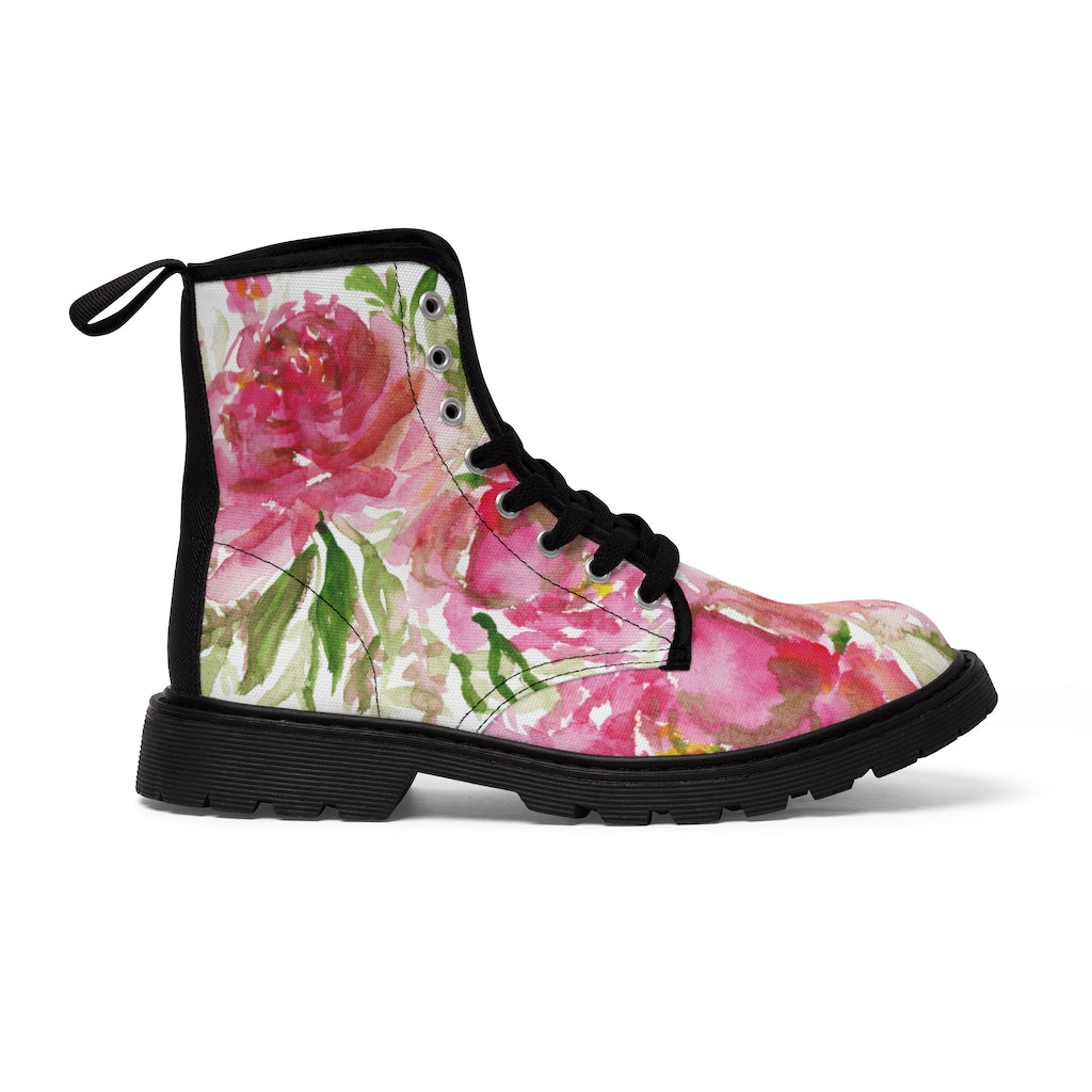Rose Floral Print Women's Combat Boots - Watercolor Rose Flower Design