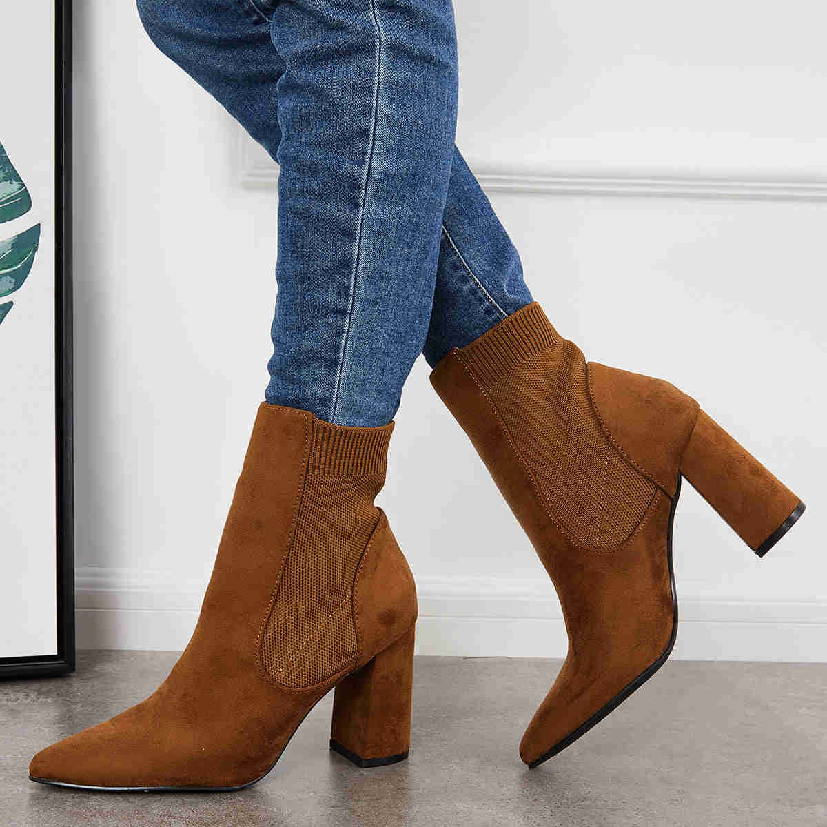 Chunky Block High Heel Ankle Boots - Western Suede Booties for Women