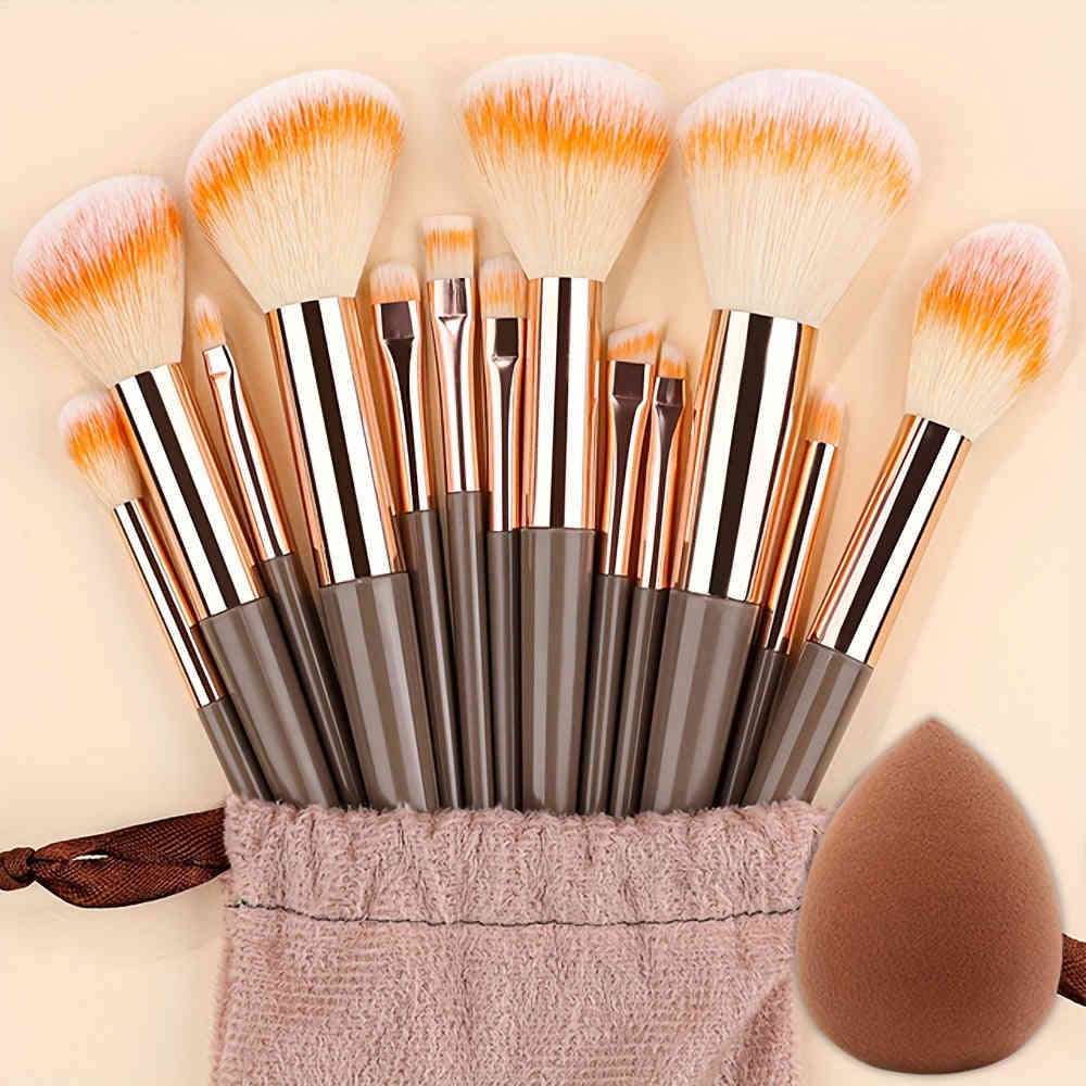 14Pcs Professional Makeup Brush Set with Storage Bag - Soft Fluffy Foundation, Powder, Eyeshadow, Kabuki & Blending Brushes