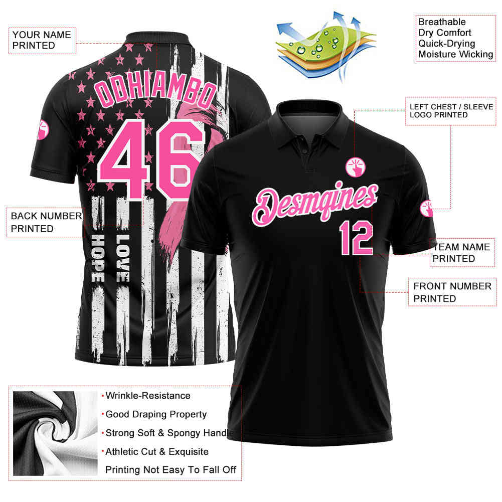 Custom Black Pink-White 3D American Flag Breast Cancer Awareness Golf Polo Shirt