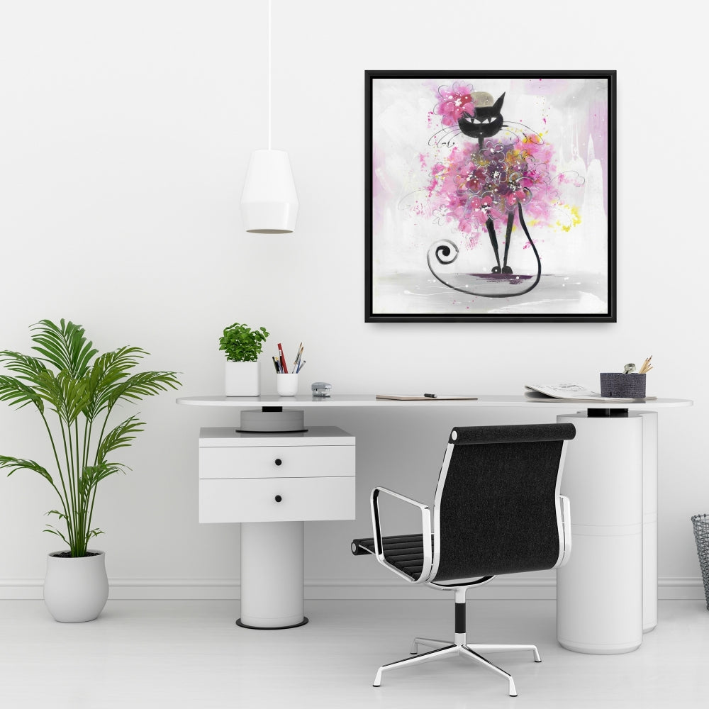 Cartoon Cat With Pink Flowers - Fine Art Gallery Wrapped Canvas 24x36