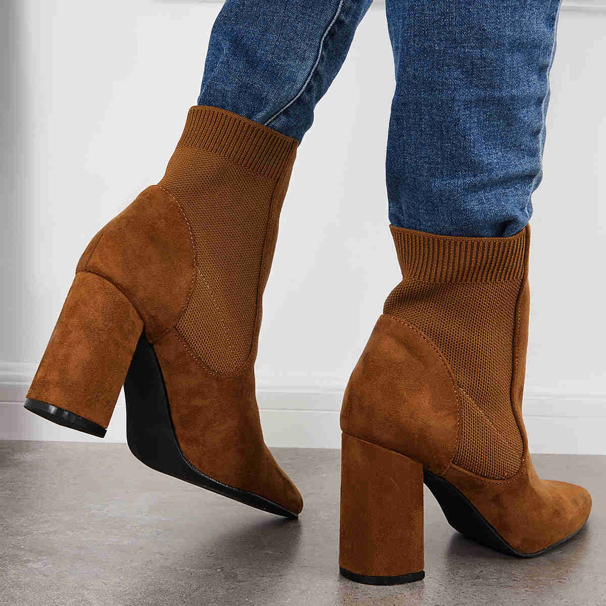 Chunky Block High Heel Ankle Boots - Western Suede Booties for Women