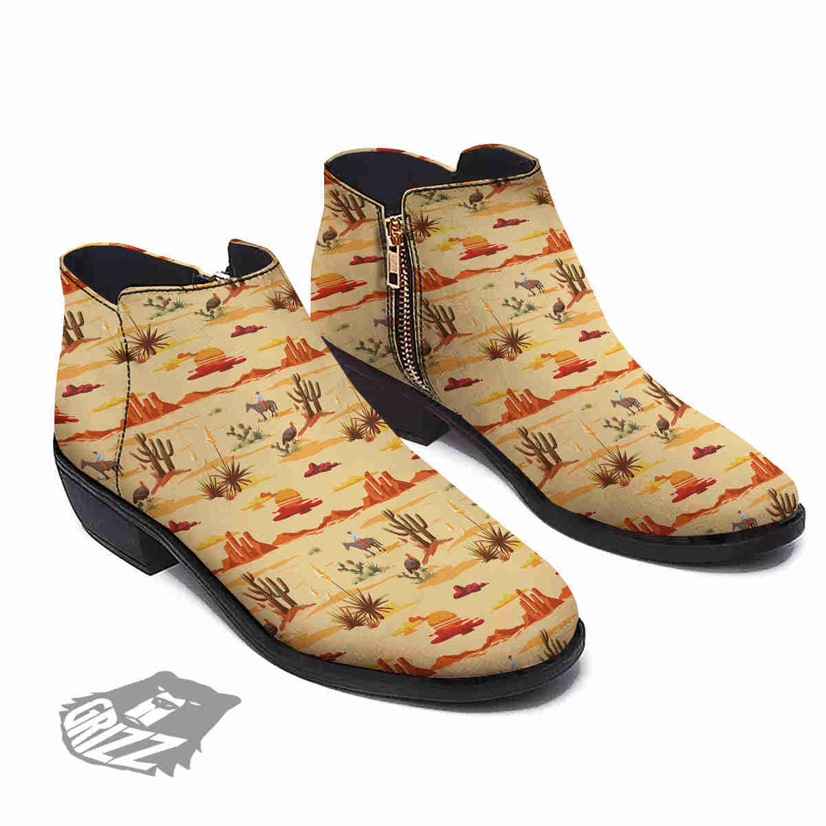 Vintage Cowboy Print Pattern Ankle Boots - Handcrafted Quality