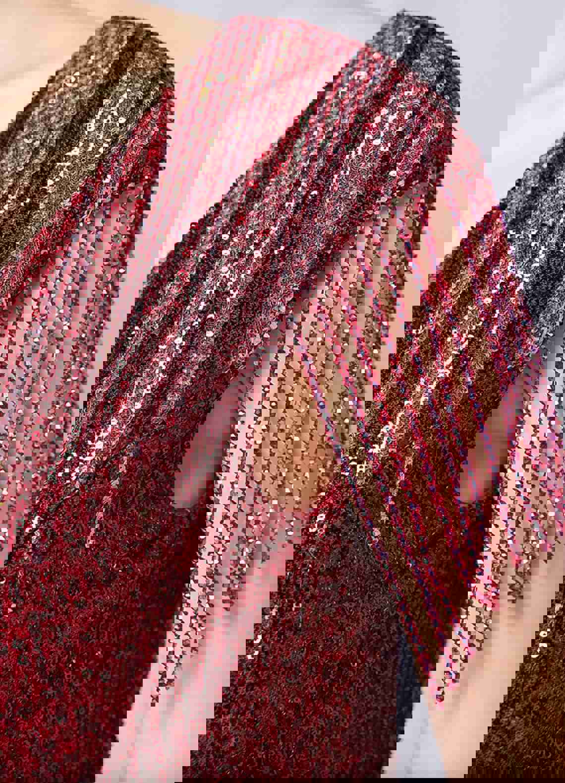 Wine Red Velvet Sequin Tassels Mermaid Maxi Formal Gown With Slit