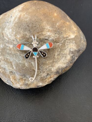 Handmade Zuni Turquoise MOP Inlay Dragonfly Sterling Silver Necklace Pendant