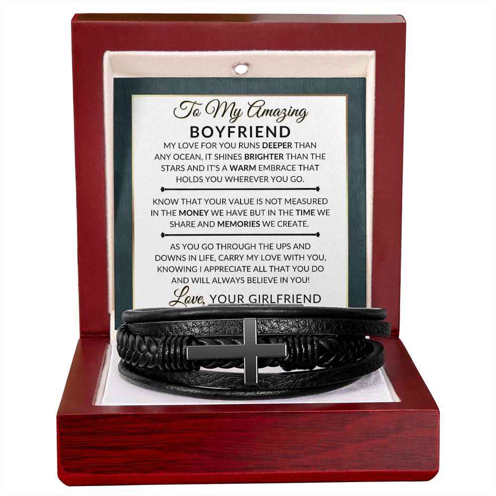 Best Gift For Boyfriend - Mens Braided Leather Bracelet with Cross