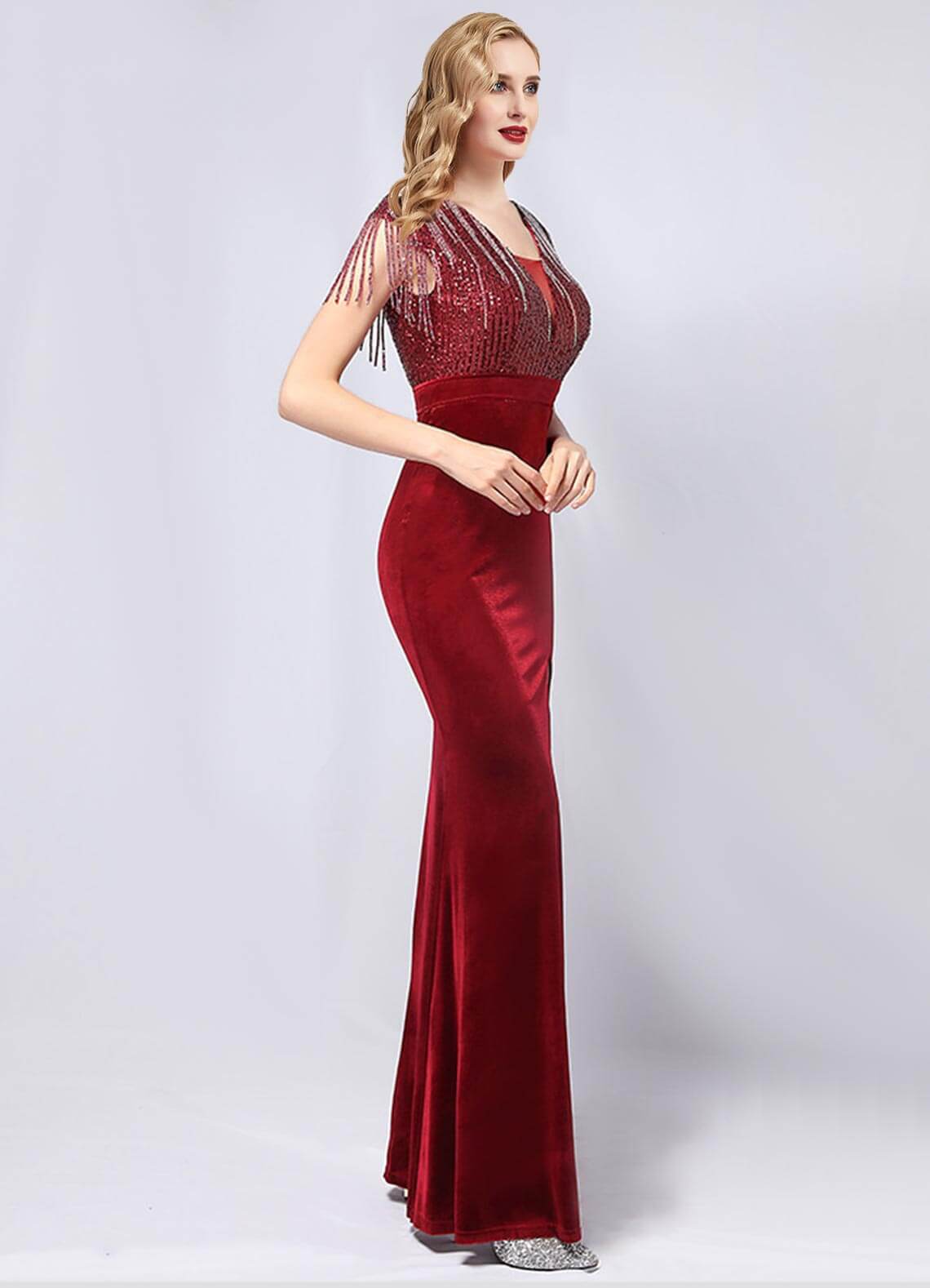 Wine Red Velvet Sequin Tassels Mermaid Maxi Formal Gown With Slit