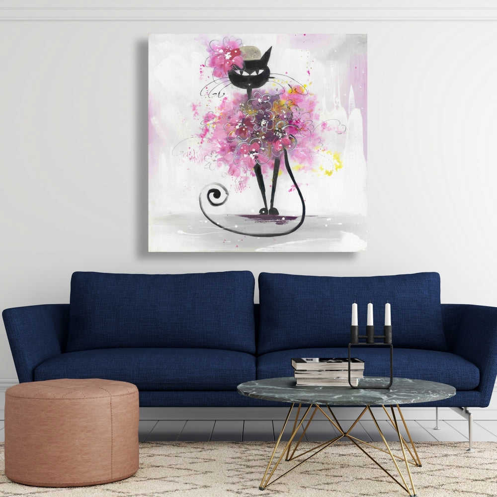 Cartoon Cat With Pink Flowers - Fine Art Gallery Wrapped Canvas 24x36