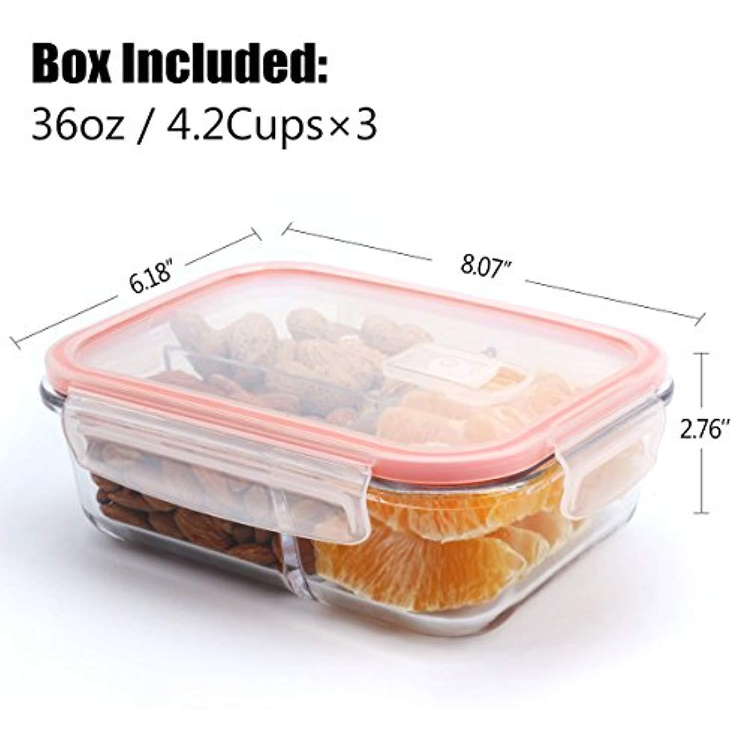 Glass Meal Prep Containers 3 Compartment with Airtight Lids - BPA Free, Microwave & Dishwasher Safe