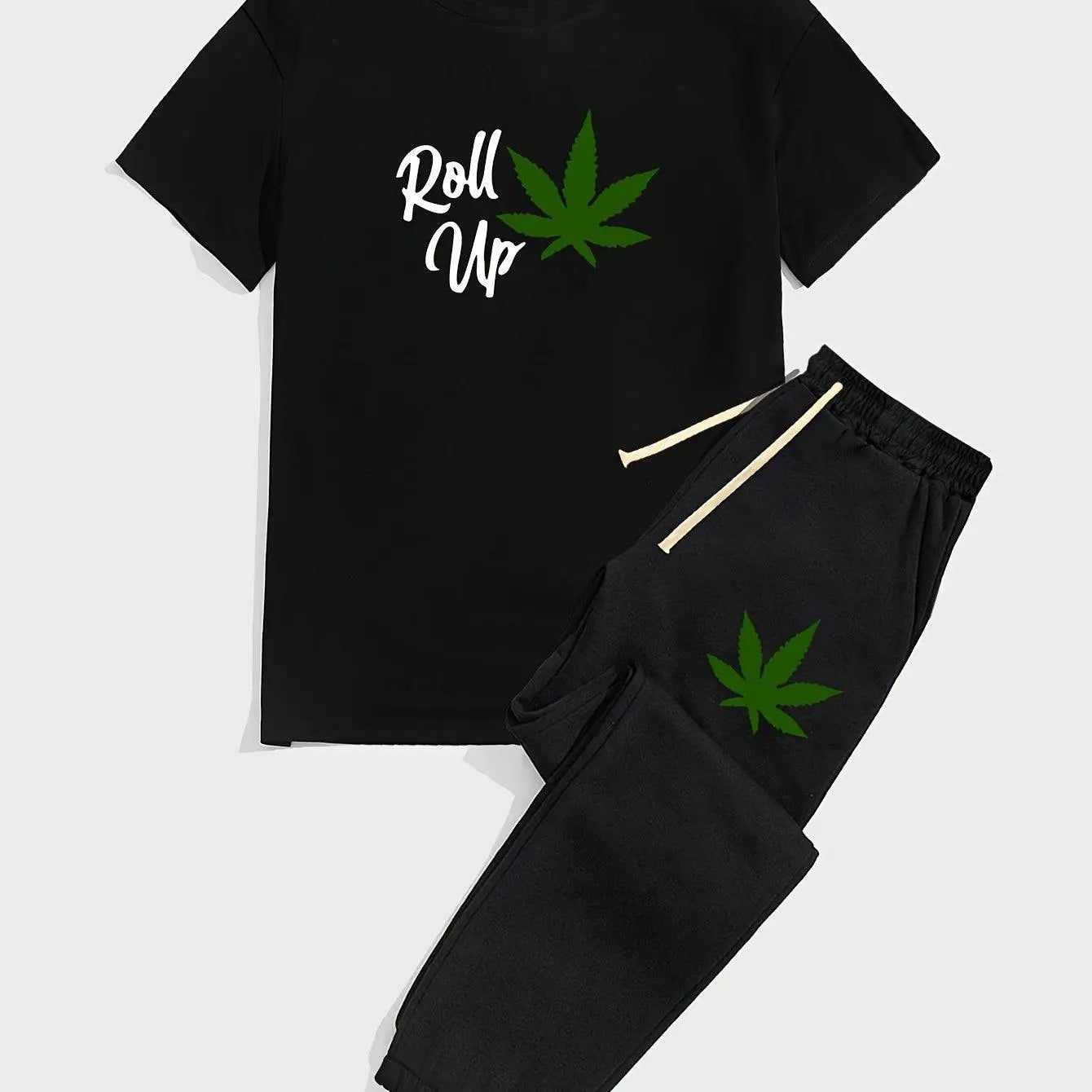 Mens Leaf Pattern T-Shirt and Drawstring Pants Set - Stylish Summer Outfit