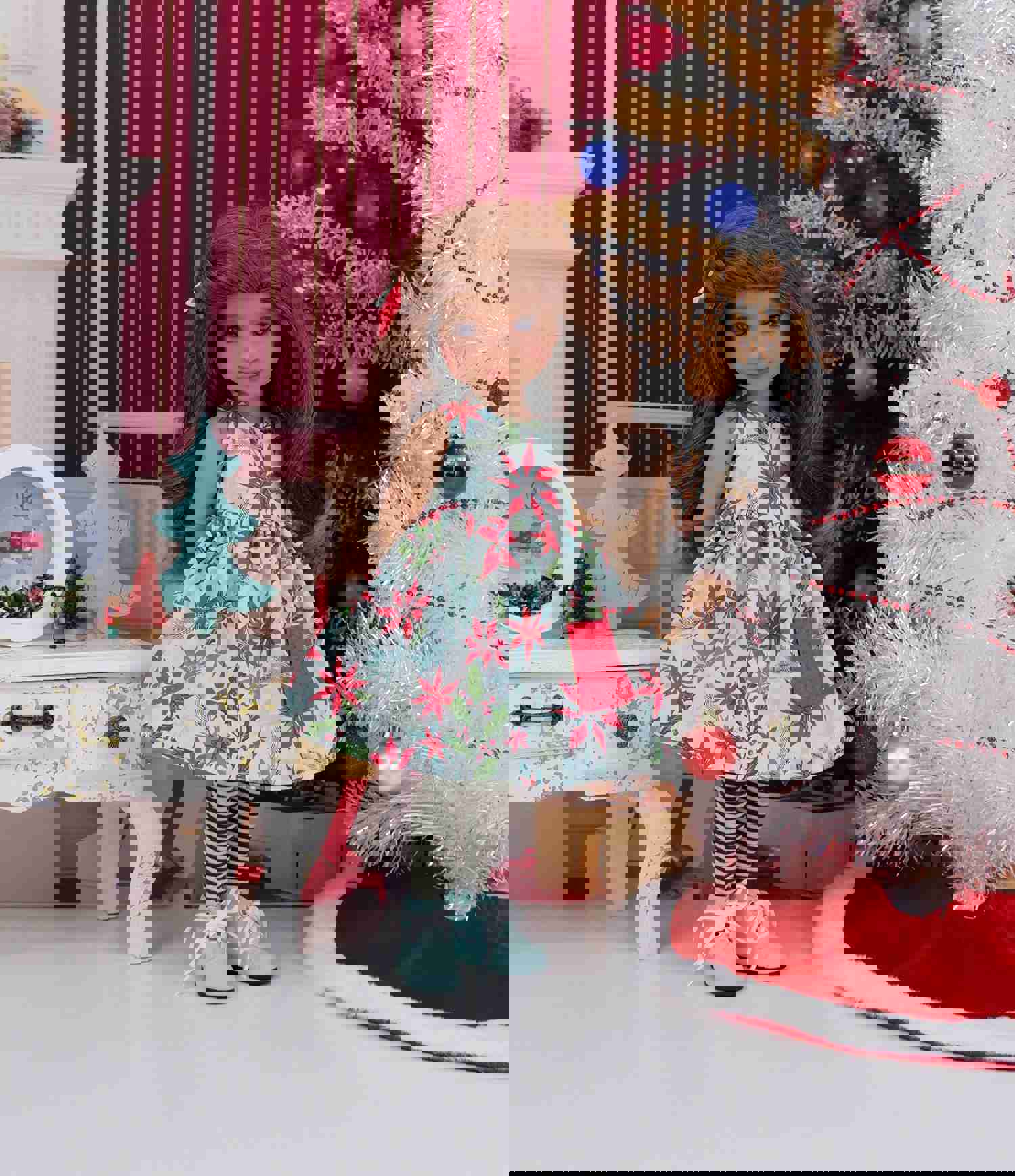 Mid Century Poinsettias Dress with Sweater & Boots for Ruby Red Fashion Friends Doll