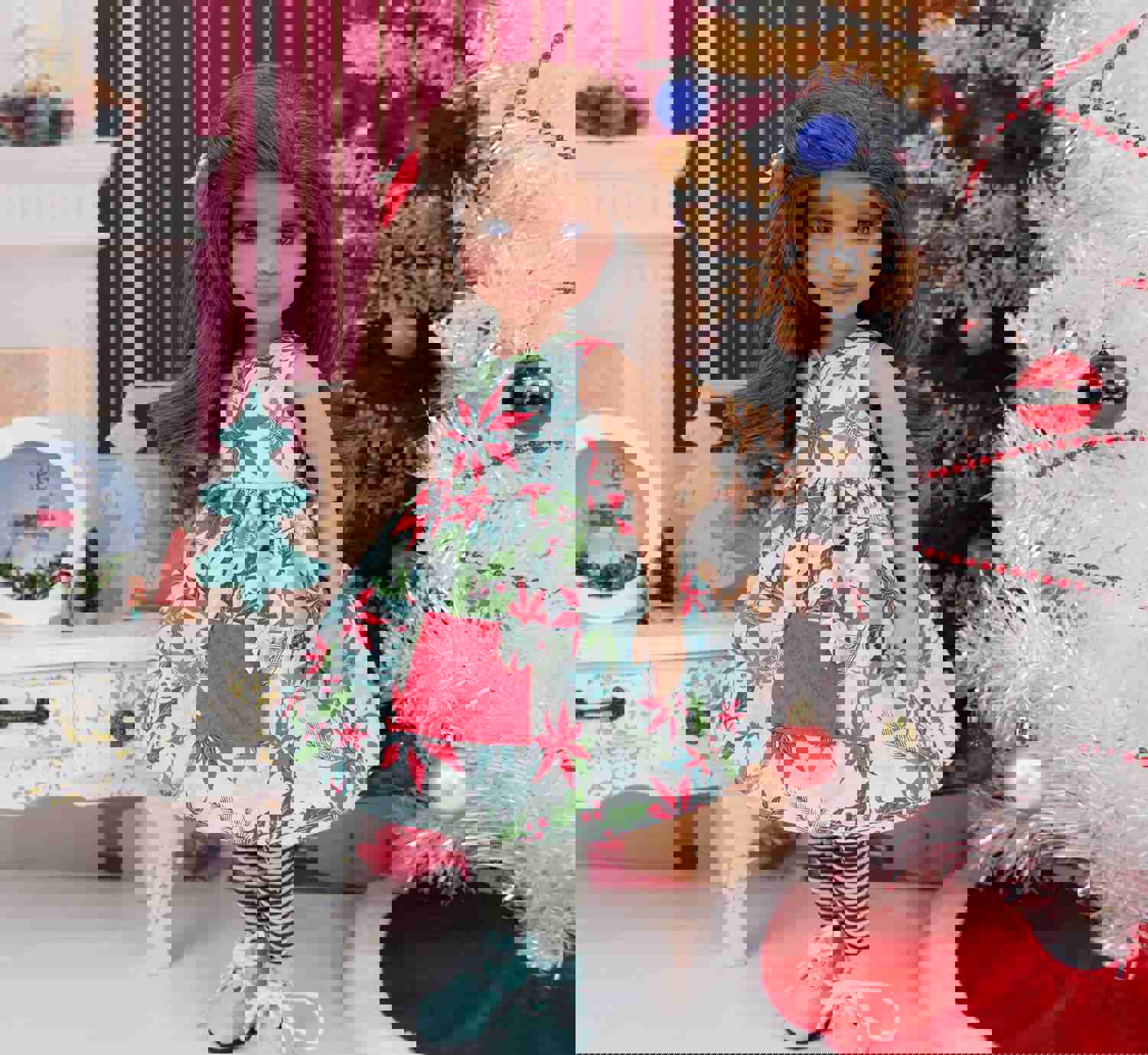 Mid Century Poinsettias Dress with Sweater & Boots for Ruby Red Fashion Friends Doll