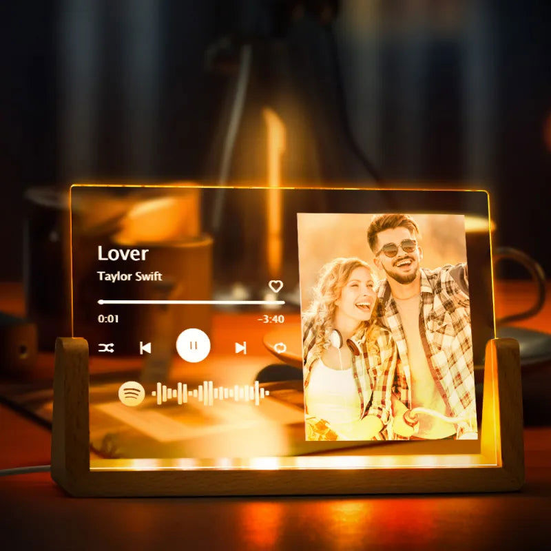 Custom Personalized Photo Acrylic Song Plaque with Music Code Night Light Lamp - Unique Anniversary Gift