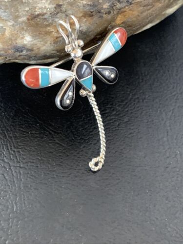 Handmade Zuni Turquoise MOP Inlay Dragonfly Sterling Silver Necklace Pendant