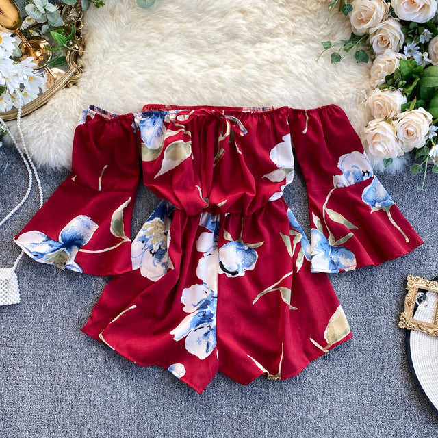 2020 Summer New Chiffon Women Playsuits and Rompers Floral Slash Neck Flare Sleeved Wide Leg Short Lady Clothing Tops