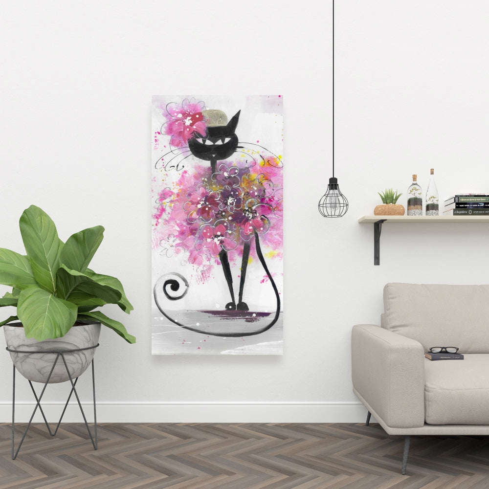 Cartoon Cat With Pink Flowers - Fine Art Gallery Wrapped Canvas 24x36