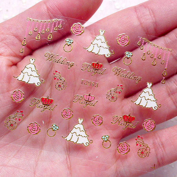 Wedding Nail Sticker - Bridal Gown Dress, Rose, Diamond Ring / Gold Nail Art Decoration