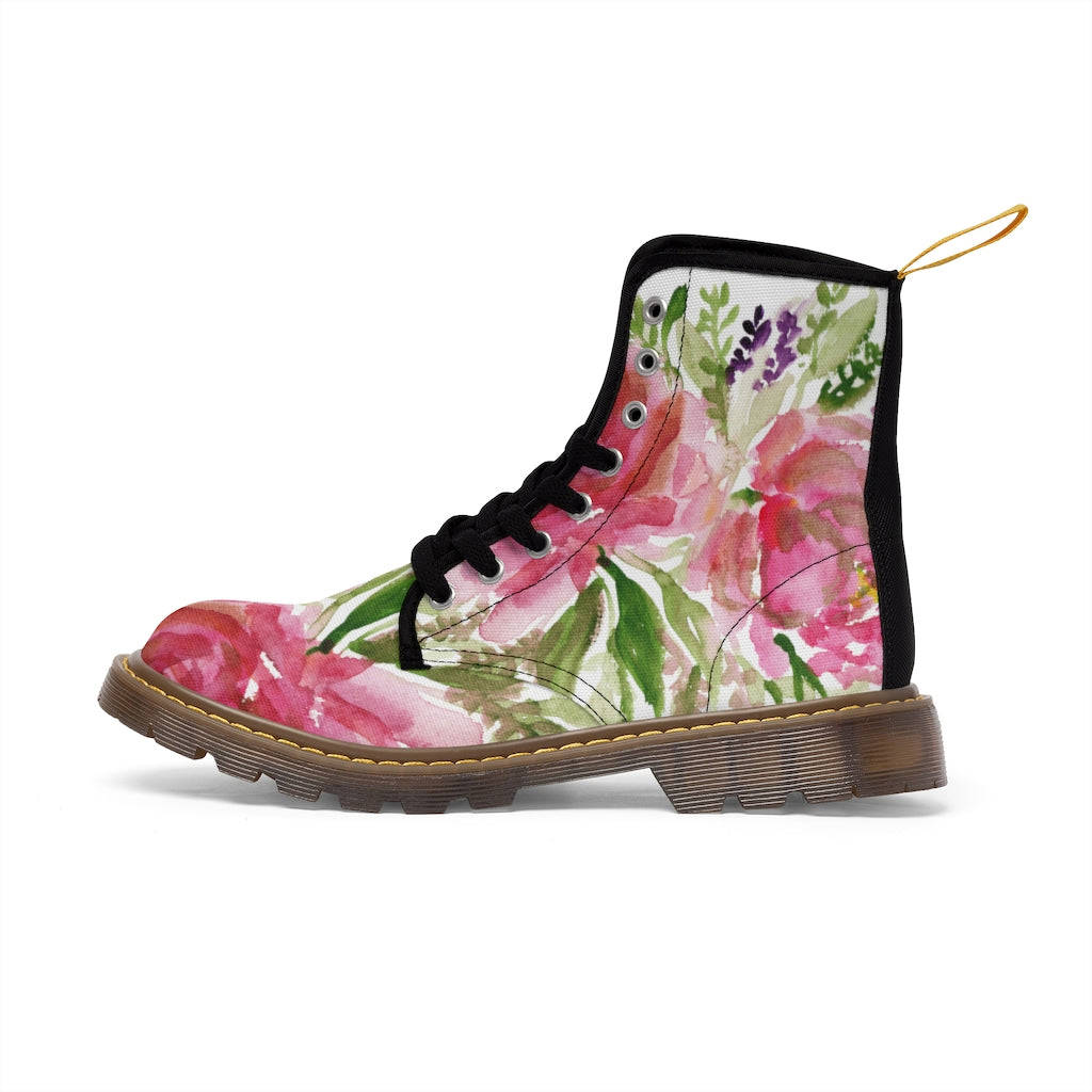 Rose Floral Print Women's Combat Boots - Watercolor Rose Flower Design