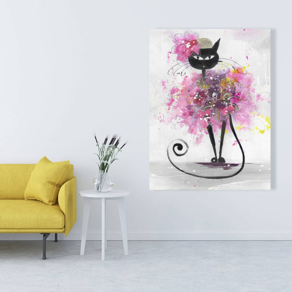 Cartoon Cat With Pink Flowers - Fine Art Gallery Wrapped Canvas 24x36