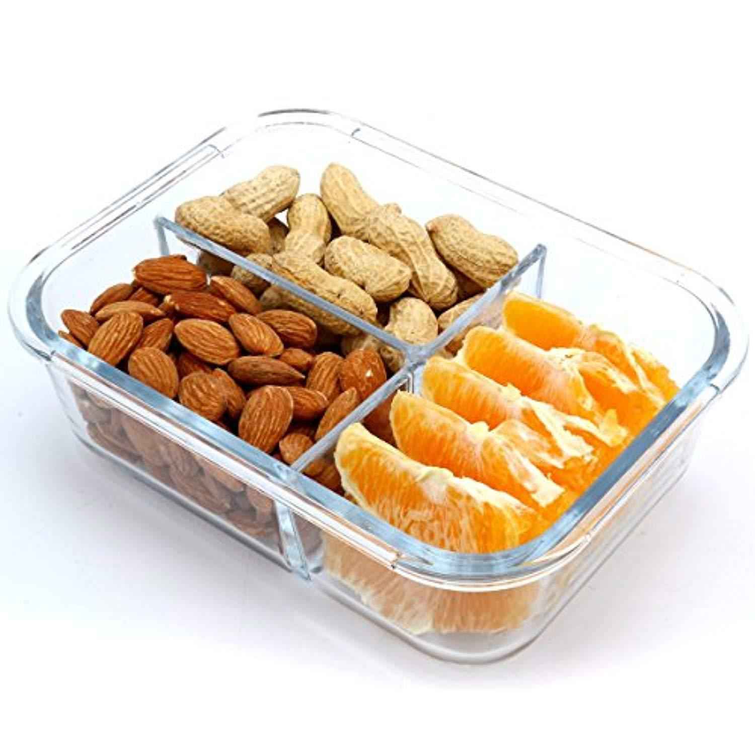 Glass Meal Prep Containers 3 Compartment with Airtight Lids - BPA Free, Microwave & Dishwasher Safe