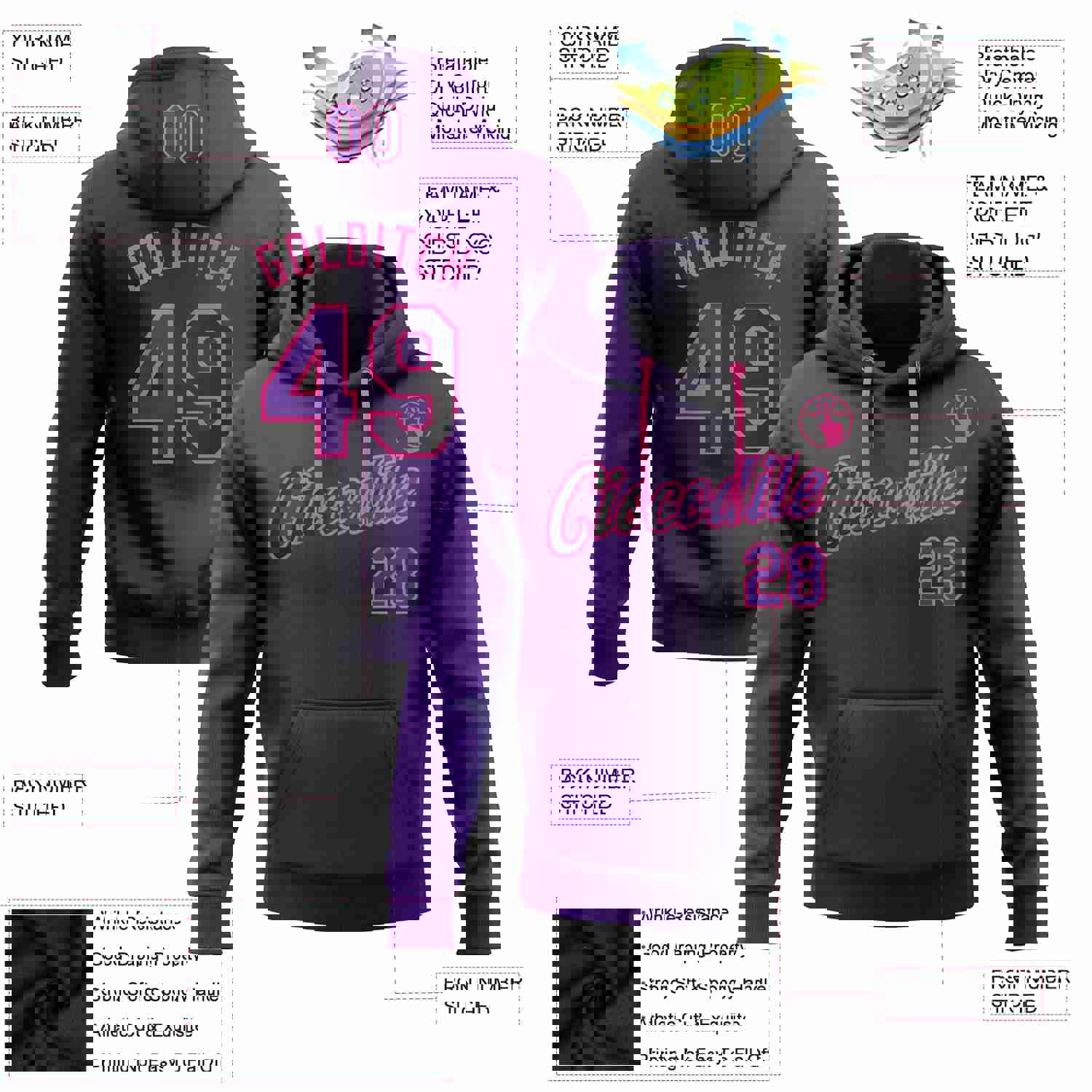 Custom Stitched Black Purple-Pink Gradient Fashion Sports Pullover Sweatshirt Hoodie