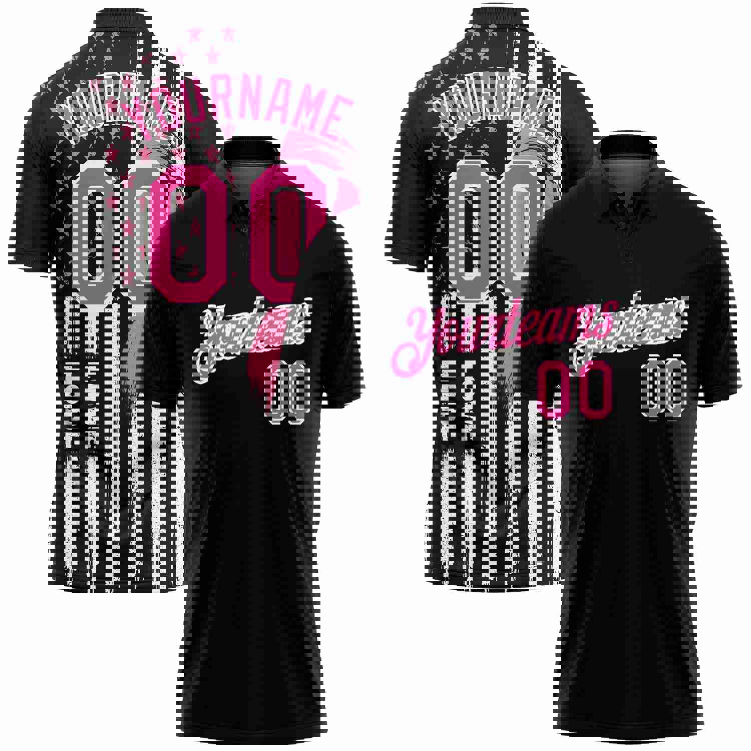 Custom Black Pink-White 3D American Flag Breast Cancer Awareness Golf Polo Shirt