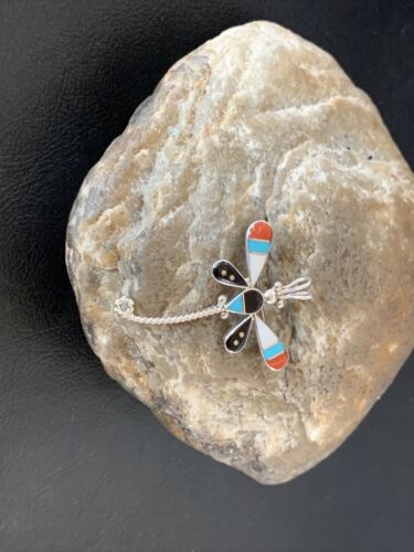 Handmade Zuni Turquoise MOP Inlay Dragonfly Sterling Silver Necklace Pendant
