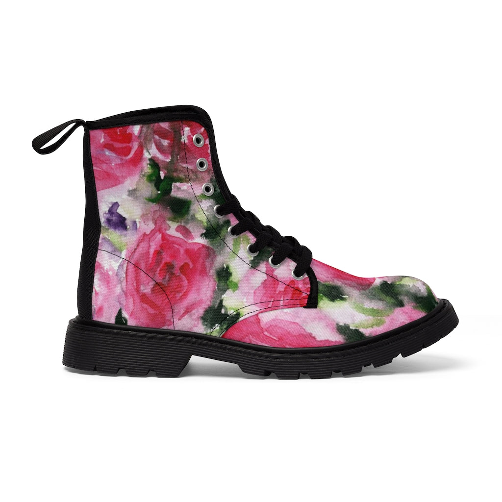 Abstract Pink Floral Women's Boots - Vintage Rose Print Designer Hiking Boots (US Size 6.5-11)