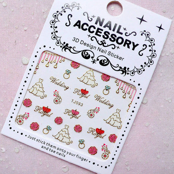 Wedding Nail Sticker - Bridal Gown Dress, Rose, Diamond Ring / Gold Nail Art Decoration