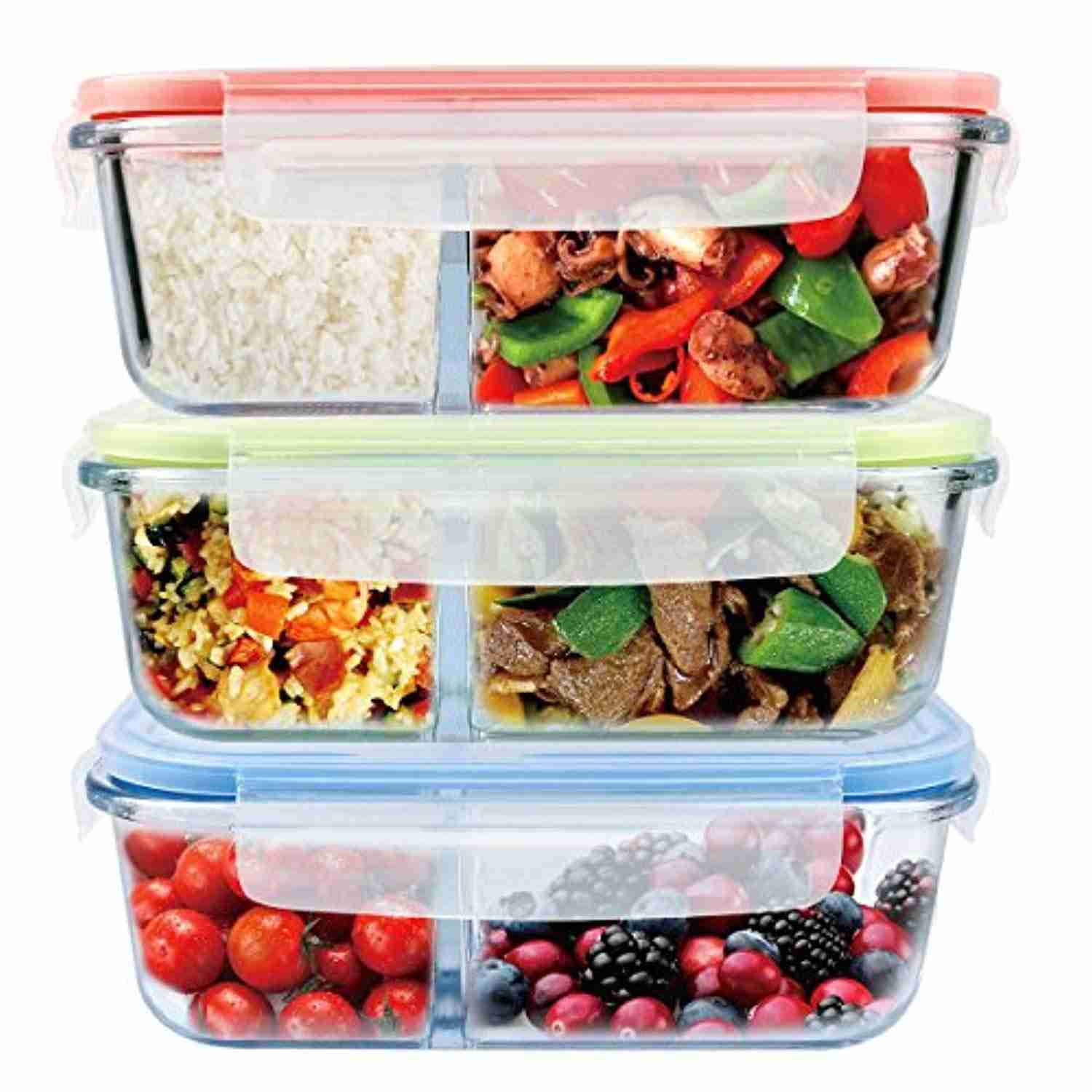 Glass Meal Prep Containers 3 Compartment with Airtight Lids - BPA Free, Microwave & Dishwasher Safe