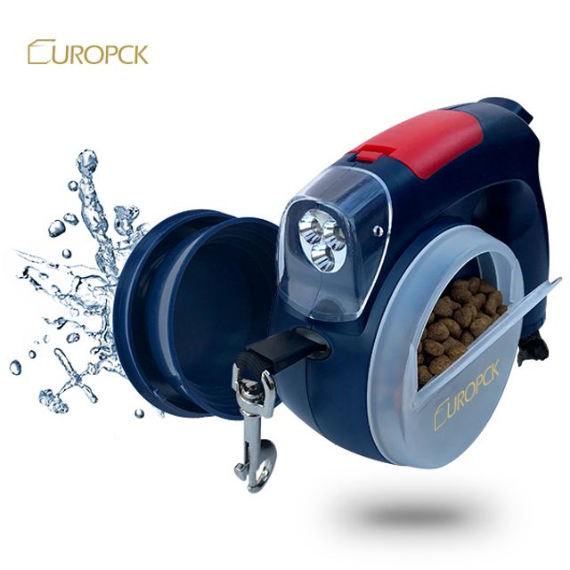 5-in-1 Multi-Functional Dog Leash with Rice Bowl, Water Cup, Toilet Bag Dispenser, and LED Light