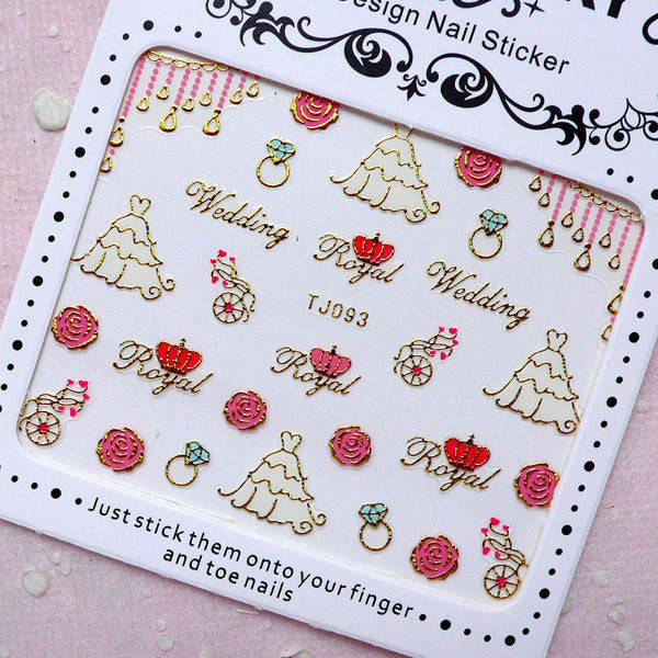 Wedding Nail Sticker - Bridal Gown Dress, Rose, Diamond Ring / Gold Nail Art Decoration