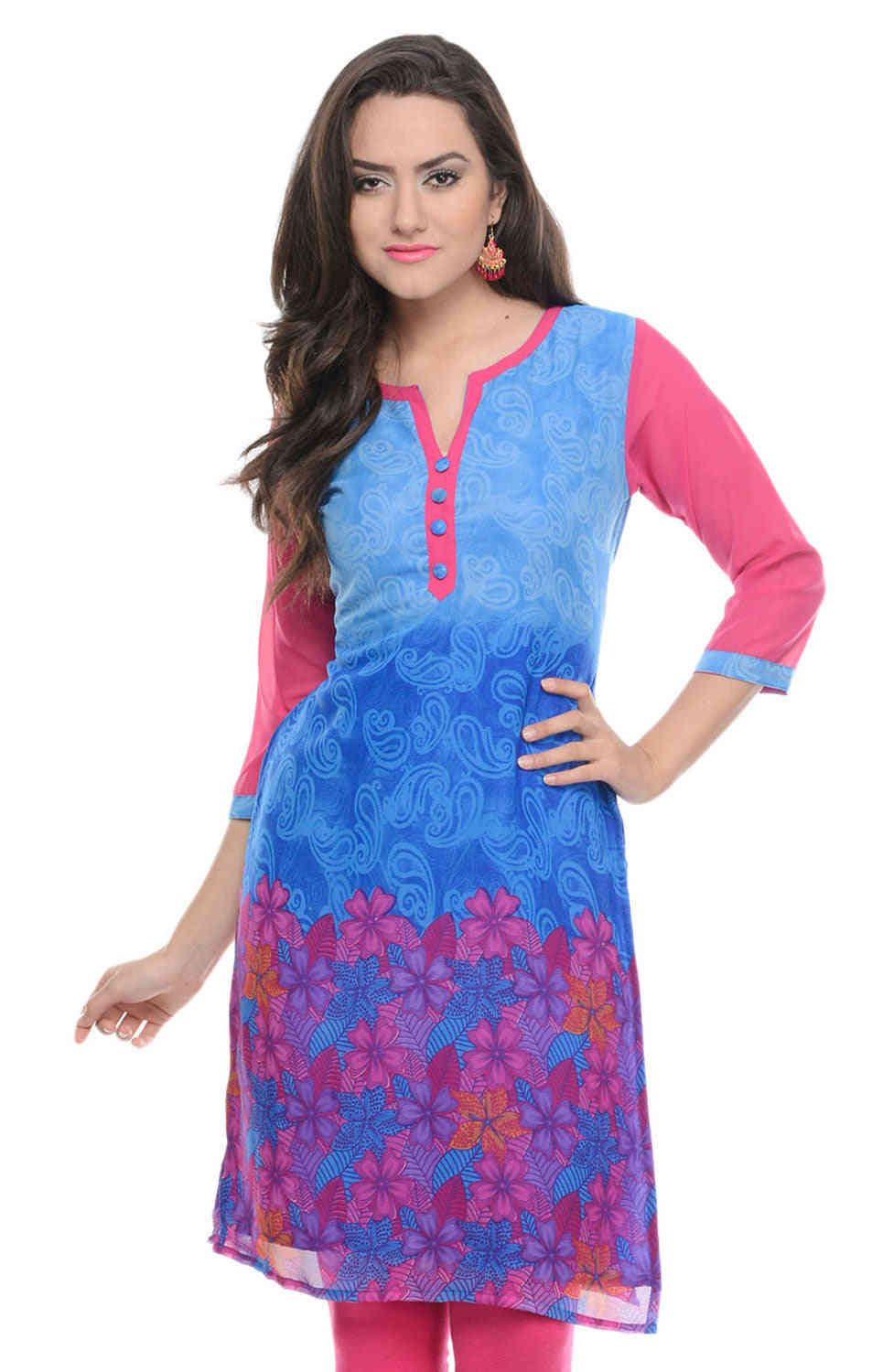India Tunic Top Long Kurti Georgette Womens Printed Indian Clothing (Blue)