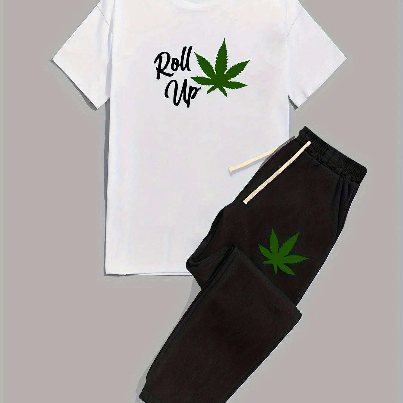 Mens Leaf Pattern T-Shirt and Drawstring Pants Set - Stylish Summer Outfit