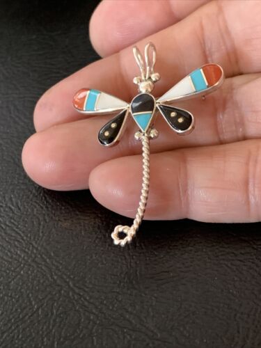 Handmade Zuni Turquoise MOP Inlay Dragonfly Sterling Silver Necklace Pendant