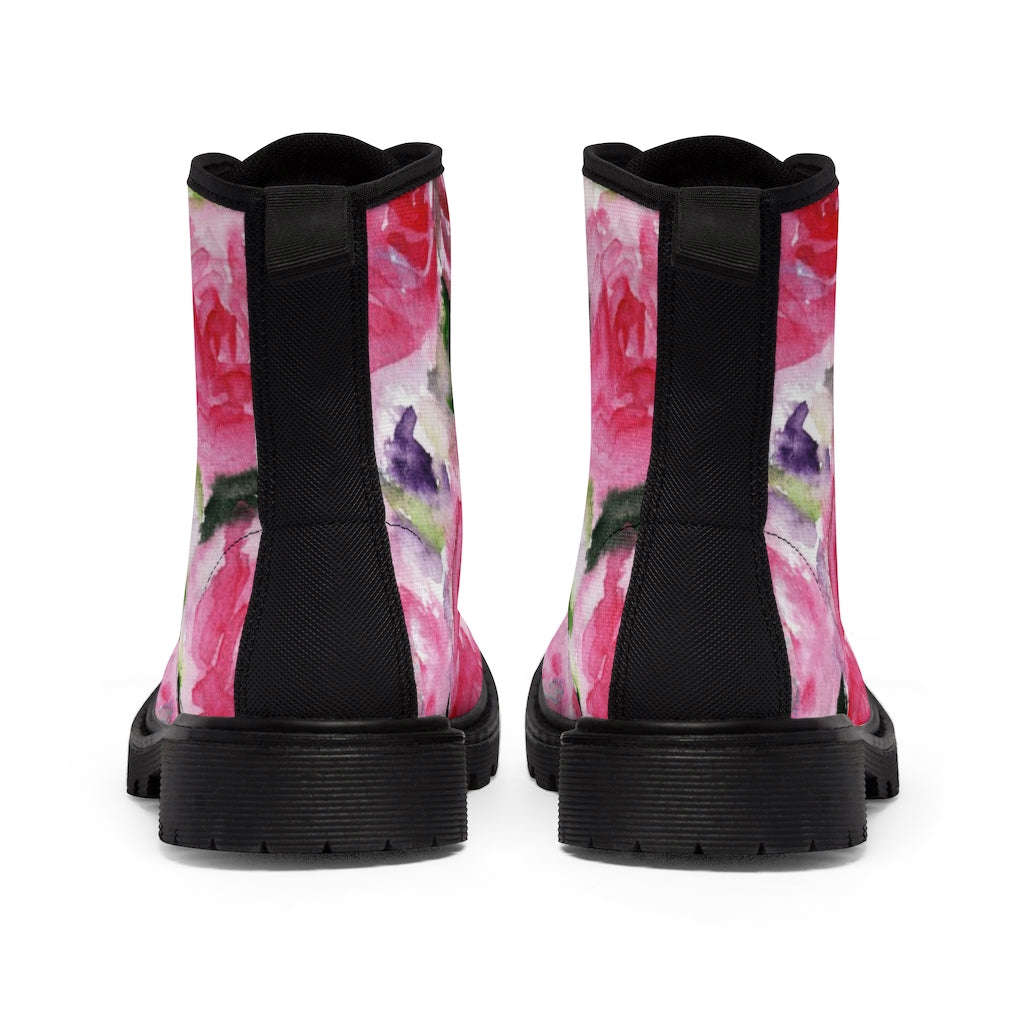 Abstract Pink Floral Women's Boots - Vintage Rose Print Designer Hiking Boots (US Size 6.5-11)