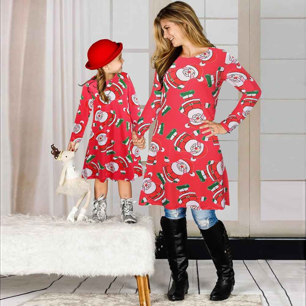 Fashion Santa Claus Print Mom and Girl Dresses Long Sleeve Christmas Family Outfits