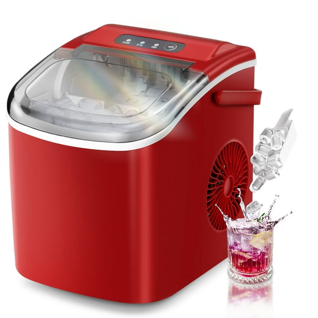 KISSAIR Portable Ice Maker Countertop, 9Pcs/8Mins, 26lbs/24H, Self-Cleaning Ice Machine with Handle for Kitchen/Office/Bar/Party, Red